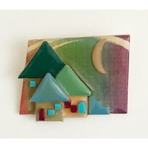 Vintage Lucinda House Pin Brooch w Crescent Moon Accent Green Blue Purple